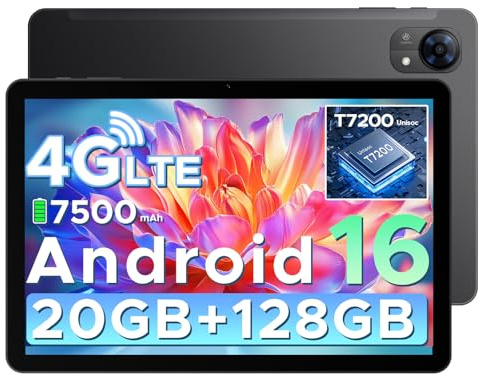 Tab G5 Android 16 Tablet 10 Zoll Gemini AI 20GB + 128GB (2TB TF) Unisoc T7200 7500mAh Tablet mit SIM Card Slot 120Hz IPS HD Display/ 8mm Ultradünn/ 2 Lautsprecher/Widevine L1/ Face ID/GPS