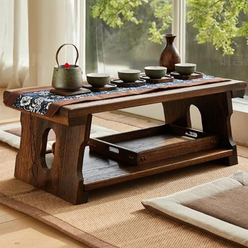 WANGRUIERHA Dunkelbrauner Couchtisch Holz Massiv, Japanischer Tisch Klapptisch aus Massivholz, Geeignet für Schlafzimmer, Erker, Arbeitszimmer, Wohnzimmer und Teestuben(60x35x22cm/24x14x9in)
