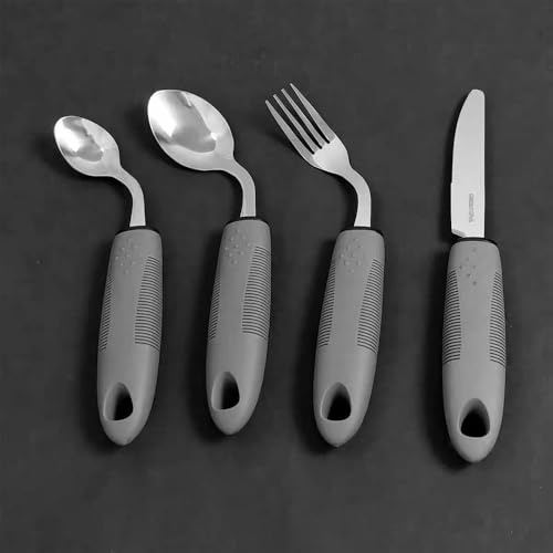 Easy Grip Besteck Set, 4-teilig Adaptive Utensilien, Parkinson Besteck Rechtshänder, Ergonomisches Seniorenbesteck, für Behinderte Menschen Parkinson Patienten Ältere Arthritis