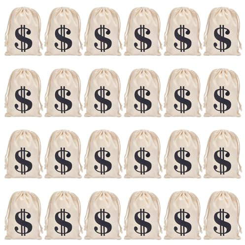 OLYCRAFT 24 Packs Money Sack Bag Dollar Sign Carrying Sack 16x11cm Prop Drawstring Money Bag Bank Coin Cash Bag Sacks for Pirate Cowboy Cosplay Theme Halloween Party Favors