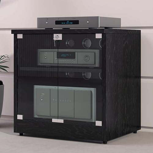 2/3 Niveaux Meuble Multimédia AV avec Étagère Réglable, Support Audio Multimédia en Bois avec Portes en Verre Trempé, Meuble Stéréo Stand Médiatique avec Gestion des Câbles(Nero,2-Tier)