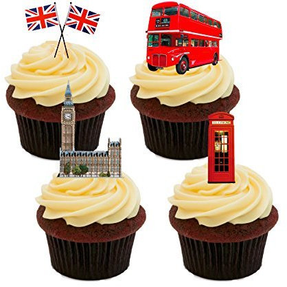 Britain is Great! Union Jack, London Bus, Big Ben etc. Edible Cupcake Toppers - Stand-up Wafer Cake Decorations (Pack of 12)
