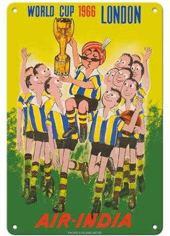 Pacifica Island Art 1966 World Cup London England - Air India - Maharajah Soccer Player - Vintage Airline Travel Poster by Umesh Rao c.1960s - 8 x 12 inch Vintage Metal Tin Sign