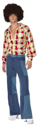 70er Jahre Retro Herren Disco Kostüm Hemd Denim-Hose Jeans Patchwork Bad Taste Dancefloor Schlagermove Festival, Größe:L