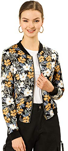Allegra K Damen Bunt Blouson Frühling Sommer Bomberjacke Blumenmuster Reißverschluss Jacket Schwarz Blumen M