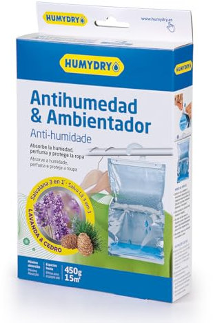 Percha Antihumedad Salvalana Humydry 450g. Absorbe Humedad y ambientador Aroma Lavanda y Cedro. Protege tu Ropa y ambienta el Armario.