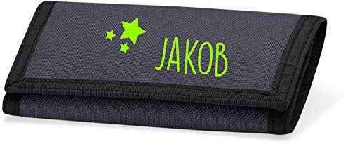 minimutz Geldbeutel für Kinder mit Sichtfenster | Motiv Sterne & Namensdruck | kompakt & stabil personalisierte Geldbörse Kindergeldbeutel Mädchen Jungen mit Klettverschluss (grau)