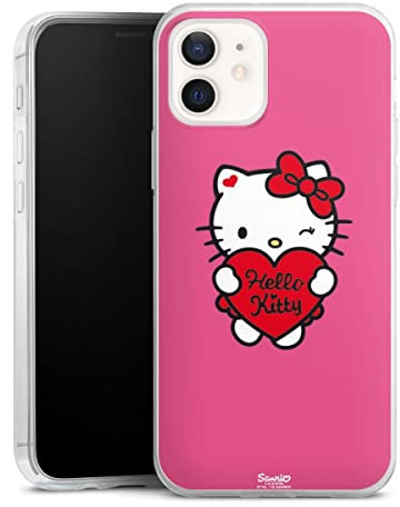 Slim Case extra dünn kompatibel mit Apple iPhone 12 Silikon Handyhülle transparent Hülle Hello Kitty Fanartikel Herz