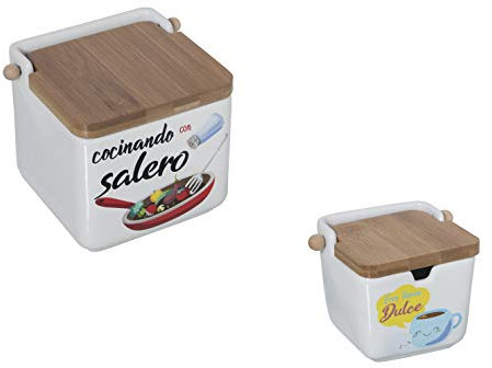 DRW Original cerámica Cuadrado con Tapa bambú 12x12x12 cm (Pack salero y azucarero Divertidos 2)