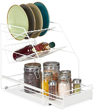 Relaxdays Organizador Armario, Extraíble, Sin taladrar, Orden Cocina, Soporte Platos, 39,5 x 25 x 40 cm, Blanco, Acero, 1 Pieza