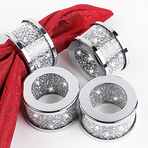 SHYFOY 4 Serviettenringe Silber Serviettenschnalle Halter für Tischdekorationen Ostern Weihnachten Metallring für Dinner-Party Kristalldiamant Serviettenhalter