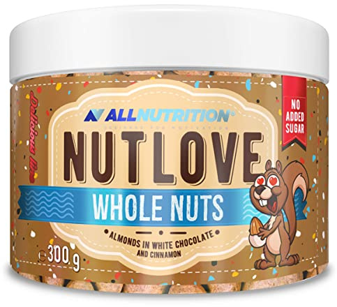 ALLNUTRITION Nutlove Whole Nuts - Mandeln in Weißer Schokolade und Zimt - Schokolade ohne Zuckerzusatz - White Crunch - Zuckerfreie Süssigkeiten - Zuckerfreie Mandelkerne in Schokolade - 300g