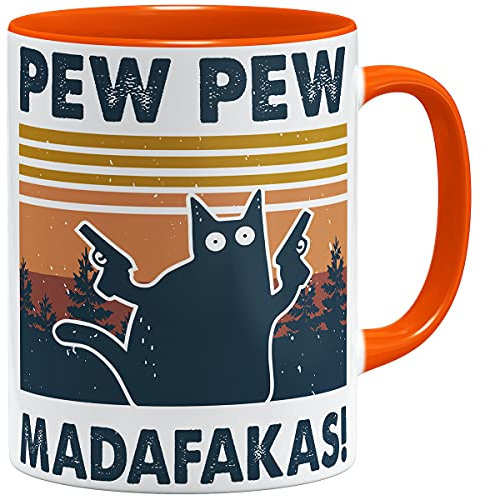 OM3® Pew Pew Madafakas Kaffee-Tasse mit Spruch Statement II - Keramik Becher - 11oz 325ml - Beidseitig Bedruckt - Orange