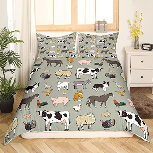 Homemissing Kuh Bettbezug Set Karikatur Katze Hund Pferd Bettwäsche Set 135x200cm für Kinder Jungen Mädchen Zimmer Bauernhof Tier Sammlung Dekor Betten Set Bauernhaus Stil 2St Reißverschluss