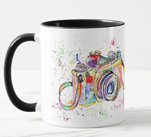 Vixar Camera Photograph Gift Watercolour Art Coloured Mug Cup Gift Birthday Work Office Christmas Tea Coffee (Black)
