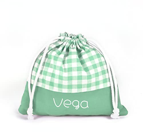 SAQUITOMAGICO Bolsa merienda o almuerzo Infantil Personalizada Vichy para niños o Bebe.Vuelta al Cole (Menta)