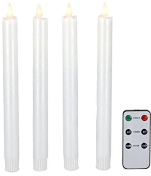 DbKW (4er Perlmutt) LED Stabkerzen in Echtflammen-Optik mit Fernbedienung und 4/8 Stunden Timer aus Echtwachs. Neustes Modell! Flackereffekt und Standlicht. Tafelkerzen Kerzen