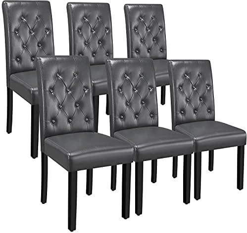 Yaheetech Faux Leather Dining Room Chairs Set of 6 with High Back, Grey | 15.5cm Thick Seat Cushion Padded Accent Kitchen Side Chairs, Button Tufted with Solid Wood Legs for Home Kitchen Dining