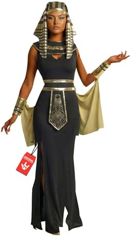 Morph Kleopatra Kostüm Damen, Ägyptisches Halloween Kostüm Damen | Maxikleid, Gürtel, Armstulpen & Kopfschmuck, Goldene Akzente, Perfekt für Halloween, Ideal zum Verkleiden