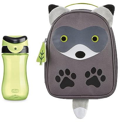 Chicco Kit de Bolsa Térmica y Botella Travel Cup, Set Compuesto por Porta Alimentos Térmico y Vaso De Plástico Hermético 350ml, Niños y Niñas 2 años +, Diseño Mapache Gris