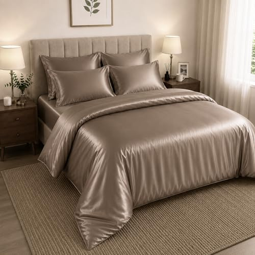 Hadi London Satin Silk 6 Piece Complete Bedding Set with Silky Deep Fitted Sheet Reversible Duvet Cover Comforter & 4 Pillowcases for Single Double King Super King Size Bed (Mink, Single)