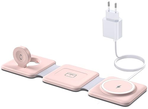 Mag-Safe Ladestation Für iPhone Wireless Charger - 3 in 1 Faltbare Kabelloses Ladegerät Kompatibel mit iPhone 16 15 14 13 12 Pro Max Plus, Travel Charging Station Für Apple Watch & Air Pods (Rosa)