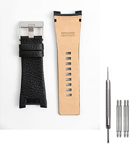 Adwoa Ersatzarmband aus echtem Leder, kompatibel mit 32 mm Federstegen, Diesel-Leder-Uhrenarmband DZ1215, DZ1216, DZ1273, DZ1430, DZ1453, DZ4246, mit Edelstahlschnalle, Schwarz
