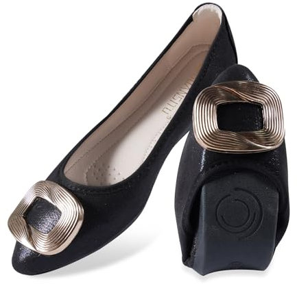 MACHSWON Women's Ballet Flats Sparkly Buckle Rhinestone Wedding Ballerina Shoes Foldable Portable Comfort Slip on Flat Walking Shoes(Black-2, Size 5)