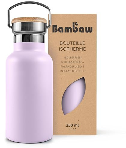 Bambaw Bouteille Isotherme 350ml, Gourde Inox Enfant Violette, Gourde Acier Inoxydable, Gourde Reutilisable, Thermos Gourde 350ml Sans BPA – Lilas Clair