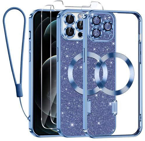 Kokio Handykette für iPhone 12 Pro Hülle mit Band, [Kompatibel mit MagSafe] Glitzer Magnetisch Handyhülle für iPhone 12 Pro mit 2 Stück Schutzfolie Stoßfeste Silikon Schutzhülle, Blau