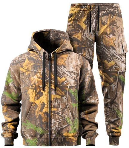 Men's Camouflage Jungle Print Tracksuit Sweatshirt Zipped Hoodie & Jogging Trouser Set | Men Camo Tree Combat Sweatsuit for Fishing Hunting Gaming Outdoor Wear (UK, Alpha, M, Regular, Regular, Camo)
