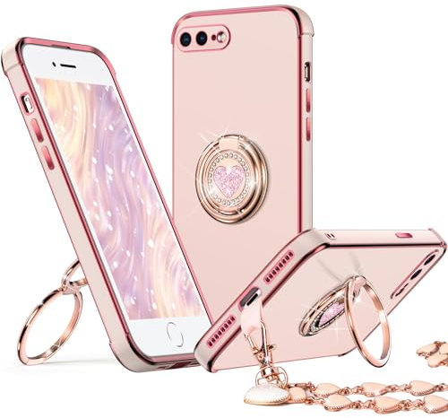 XYZ for iPhone 8 Plus Case with Stand, Phone Case with Double Ring Kickstand, Women Girl Cute Love-Heart Luxury Bling Protective Case Heart for Apple 8 Plus/7 Plus, Pink