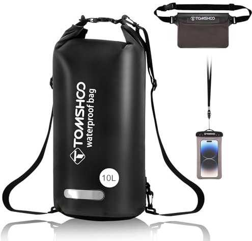 TOMSHOO Dry Bag Set, 10L/20L Wasserdicht Rucksack mit Wasserfester Handytasche & Tasche, Verstellbarer Schultergurt, Waterproof Backpack für Kajak Fahren, Wandern, Camping, mehr, 10L, Schwarz