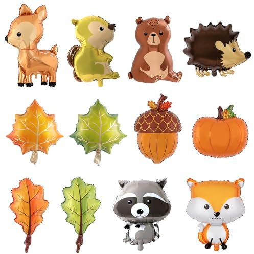 12pcs Woodland Tiere Ballons, KUAOOAUK Wald Tier Ballons, Tier Geburtstag Party Dekorationen, Wald Folie Ballon Tier Kit für Baby Dusche Kinder Jungen Mädchen