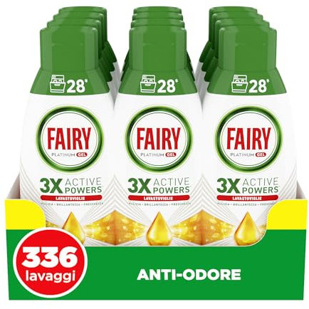 Fairy Platinum Detersivo Lavastoviglie Liquido, Gel Lavastoviglie, 336 Lavaggi, Confezione Da 12 Bottiglie, Extra Brillantezza, Antiodore