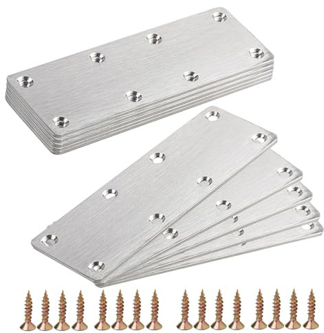 10 placas de reparación planas con tornillos, 140 x 50 x 2 mm, soportes de conector de unión de acero inoxidable, 8 agujeros para estantes de muebles de madera y metal