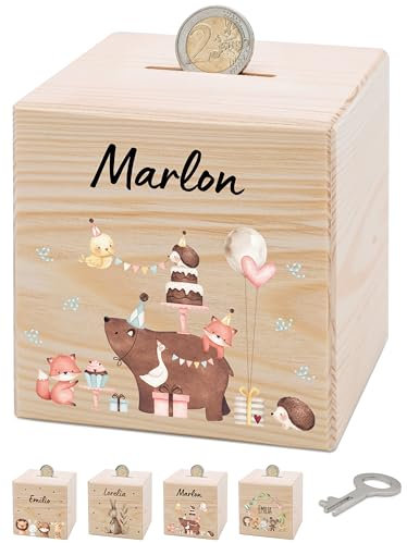 Bärenfreunde® - Personalisierte Spardose Kinder aus Holz mit Metallschloss - Spardose mit Namen mit kinderfreundlichem UV-Druck zum Sparen für Kinderträume (Geburtstagstiere)