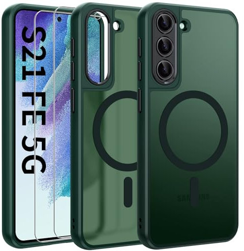 Opkiegrn Magnetisch HandyHülle Kompatibel mit Samsung Galaxy S21 FE Kompatibel mit MagSafe mit 2 Schutzfolie,Vollständiger Kameraschutz, Stoßfest Dünn Durchscheinende Matt SchutzHülle (Grün)