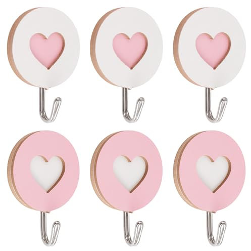 MOROBOR Selbstklebende Doppelhaken aus Holz, Herzform, 5 Stück, Schlüsselhalter, Kleiderhaken, starke Saugnapf-Haken für Zuhause, Büro, Hotel, Wanddekoration