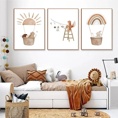 3 Baby Tiere Bilder Regenbogen Boho Heißluftballon Poster Sonne Kinder Braun 30x40 Wandbilder Babyzimmer Junge Mädchen Safari Leinwand Bär Fuchs Kaninchen Igel Gänse Kinderzimmer Deko Bild ohne Rahmen