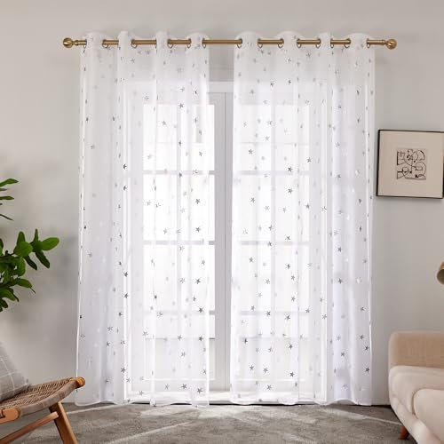 Deconovo Gardinenschals Halbtransparent Vorhang mit Ösen Gardinen Wohnzimmer Modern Stores Vorhänge mit Stern Muster Dekoschal Schlafzimmer, 290x140 cm(HöhexBreite), Weiß, 2er Set