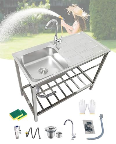 Fregadero Jardin Exterior Fregadero Comercial Cocina De Acero Inoxidable con Grifo Fregaderos Industriales para Restaurante Bar Garaje Patio Trasero Lavanderías Fácil De Montar(83x50xH75cm)