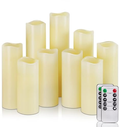 Homemory Flackernde Flammenlose Kerzen, Batteriebetriebene Realistische LED-Kerzen mit Fernbedienung und Timer, Fake Kerzen, Elektrische Kerzen, Echtes Wachs, Elfenbein, 9er-Set