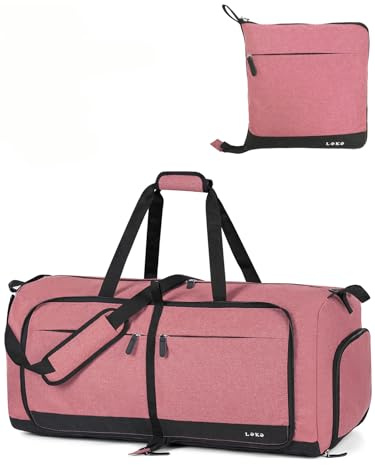 Lekesky Large Foldable Travel Duffe Bag - 80L Waterproof Holdall Luggage Bag with Shoes Compartment, Weekend Overnight Sports Bag for Women and Men(Cationic Red, 72 * 33 * 34cm)