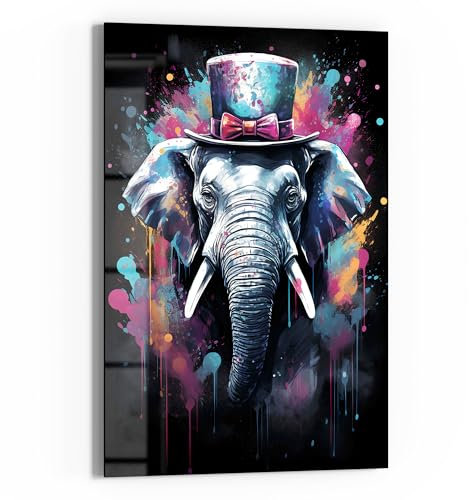 DEQOART Glasbild Echtglas | Motiv Elefant im Zylinder | vertikal einteilig 60x90 cm | schöne Dekoration | Wandbild für Wohnzimmer, Schlafzimmer, Flur & Küche | moderne Wanddeko
