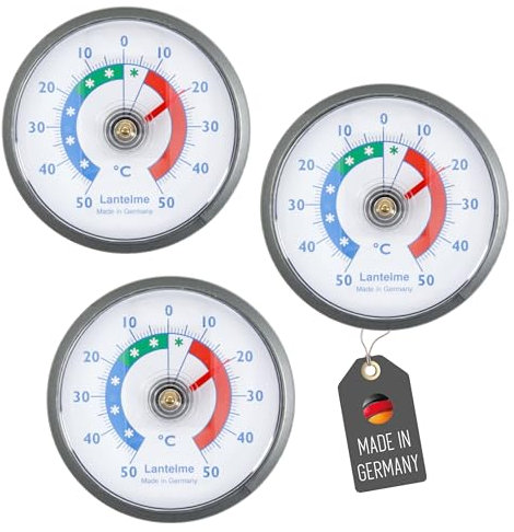 Lantelme 3 Stück Kühlschrankthermometer Set Selbstklebend Temperatur + - 50°C | Thermometer in Grau auch für Gefrierschrank Eisfach Kühltheke Kühlzelle Kühlfach Kühlschrank | Bimetall Analog (Grau)