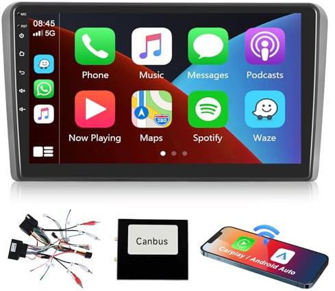 Radio para Coche con Carplay 2G+64G para Audi A3 2008-2012, Podofo Radio para Coche con Pantalla táctil de 9 Pulgadas con Carplay inalámbrico Android Auto, BT/GPS/WiFi/FM/RDS/HiFi/USB+cámara Trasera