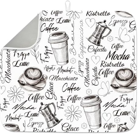 INFUNLY Coffee Cup Dish Drying Mat for Kitchen Counter 16X18 Absorbent Dish Drainer Mat with Coffee Pattern Text Quick Dry Heat Resistant Coffee Bar Mat for Table Faucet Sink Coffee Bar Refrigerator