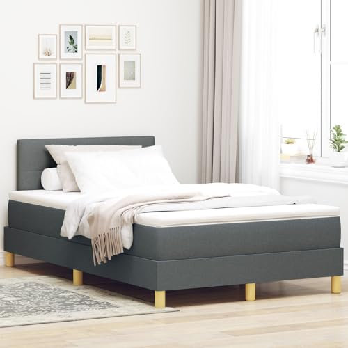 vidaXL Boxspringbett mit Matratze Dunkelgrau Gepolstert 120x200 cm Modernes Design Stoff für Erwachsene Naturholzbeine Einfache Montage und Komfortmatratze. Schlafzimmermöbel Topper Schlaflösung