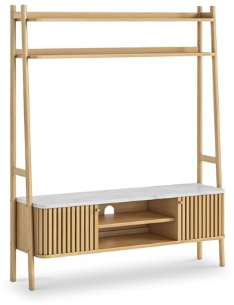 RoselandFurniture Shorwell Oak & Marble 137cm Ladder TV Unit | Ladder Television Stand with High Shelving, White Marble Top, Suitable for 55 Screen, Scandi Style Design